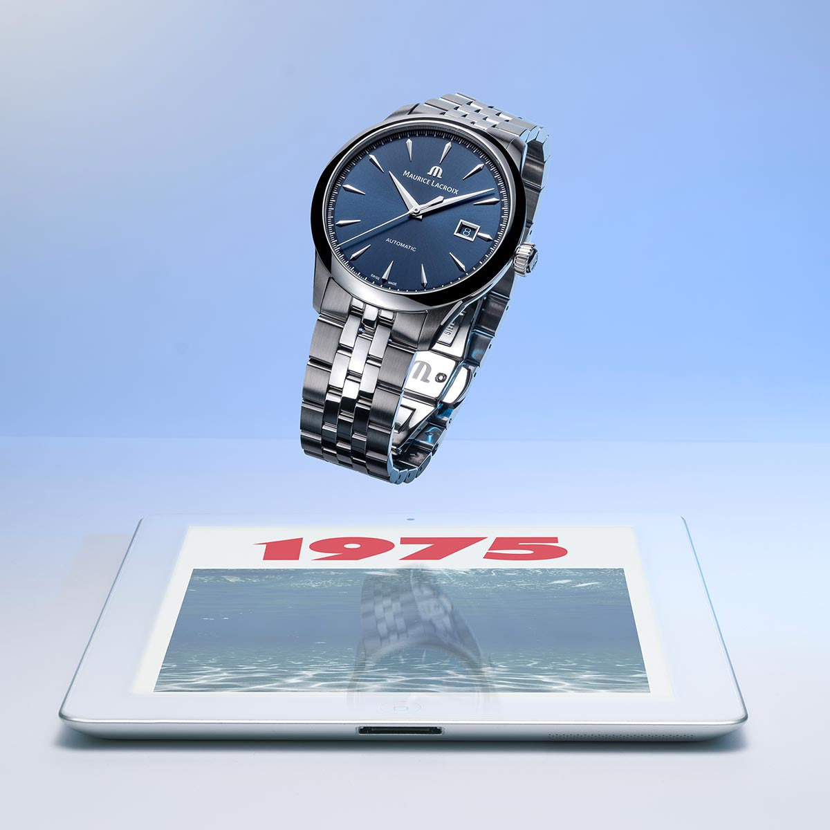 Orologio Uomo Maurice Lacroix 1975 Data Automatico Blu 756008-SS002-430-1